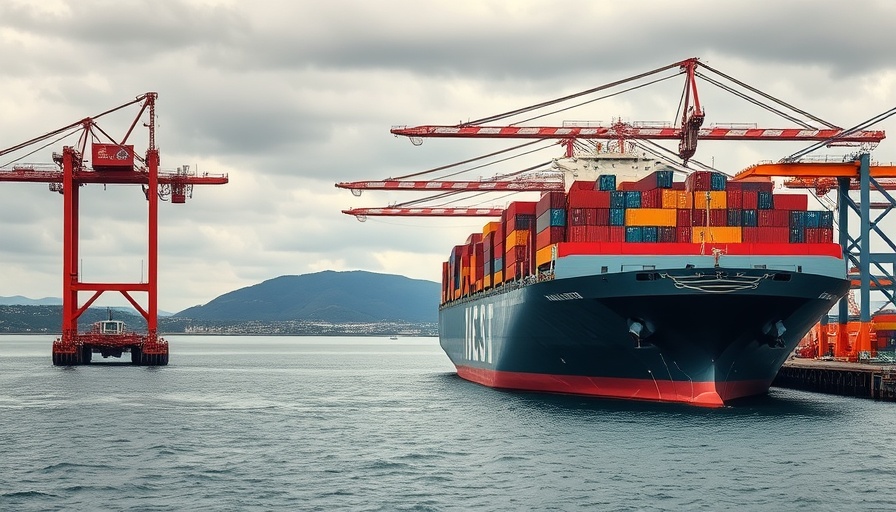 Busy shipping port scene with containers and cranes, tariffs on Chinese goods.