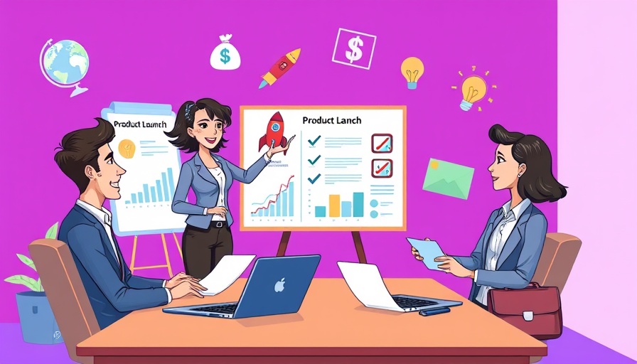 Cartoon professionals discussing product launch templates in a meeting.