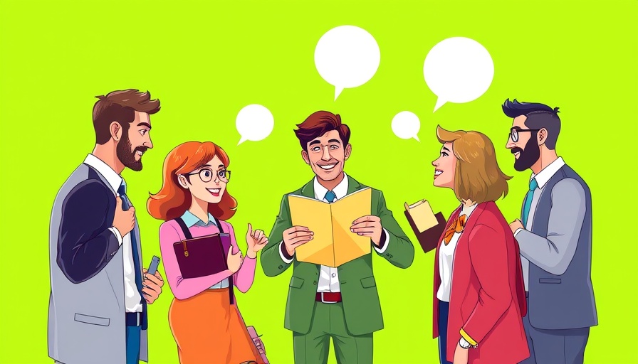 Cartoon coworkers collaboration on performance review phrases, vibrant illustration.