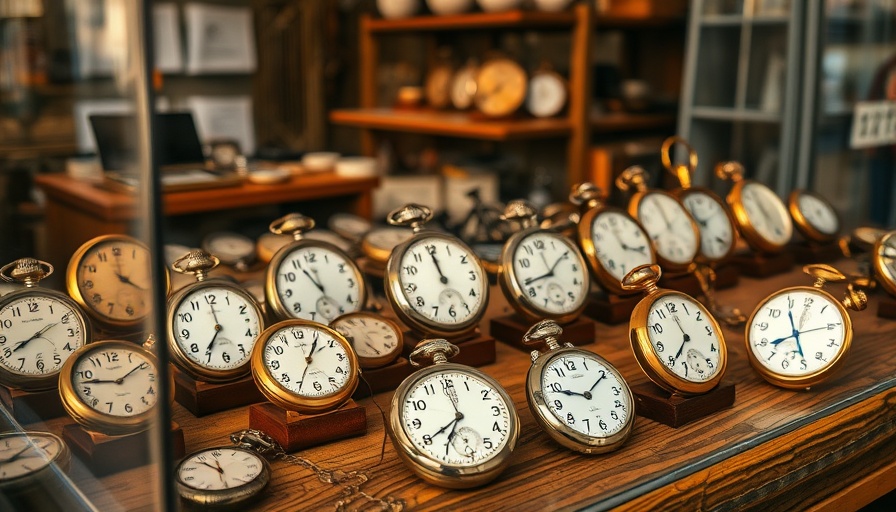 Vintage watches in glass case at flea market.
