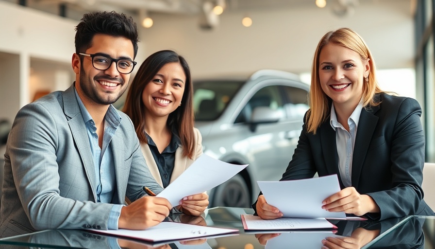 Business professionals signing car loan agreement, office setting.