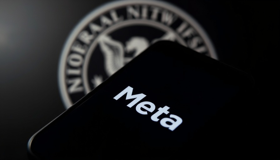 Meta logo on phone with FTC emblem, antitrust trial context.