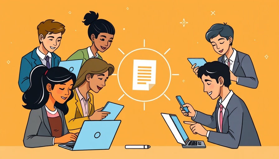 Cartoon team collaborating on project report with devices.