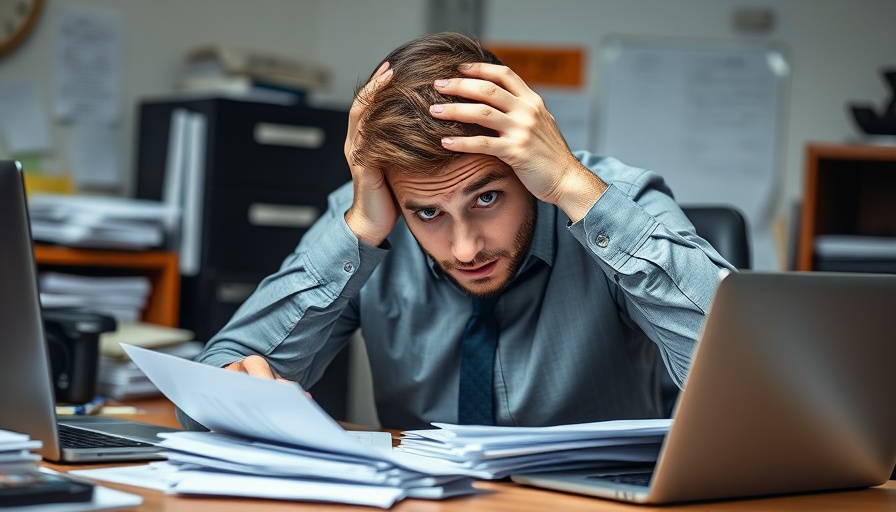 Stressed business owner overwhelmed with accounting paperwork.