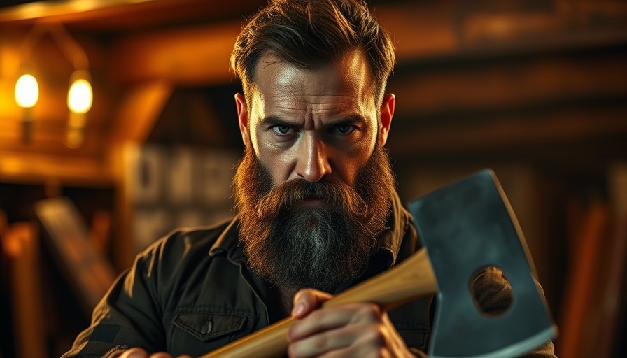 Determined man with axe in rustic setting, exploring axe throwing franchise opportunities.
