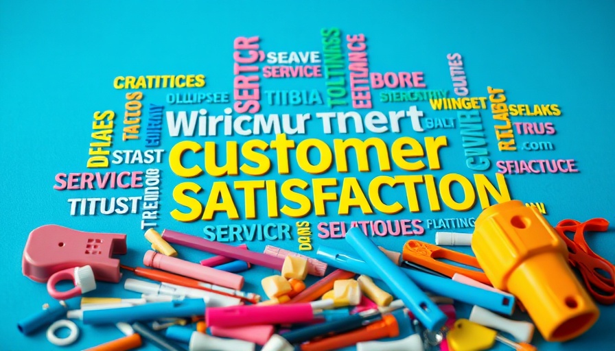 Colorful customer satisfaction word cloud with office supplies.
