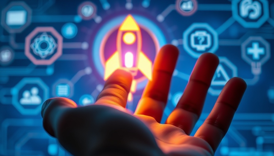 Measuring AI impact with digital growth icons and rocket.