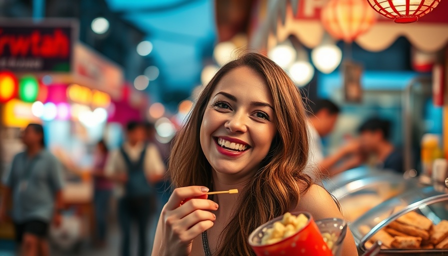Woman enjoying locally sourced food at night market benefits.