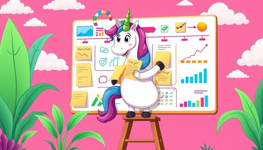 Cartoon unicorn managing project notes on a board