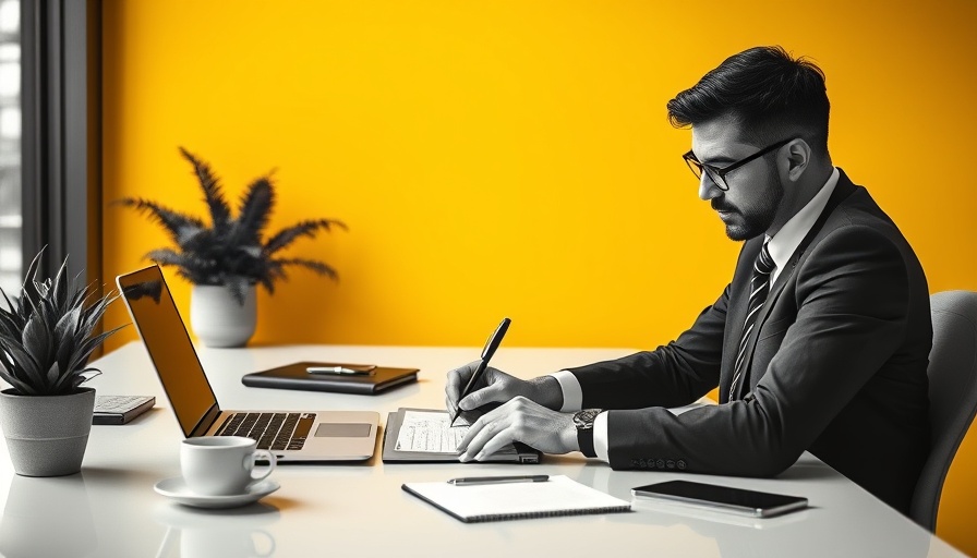 Professional writing a performance review at a desk.