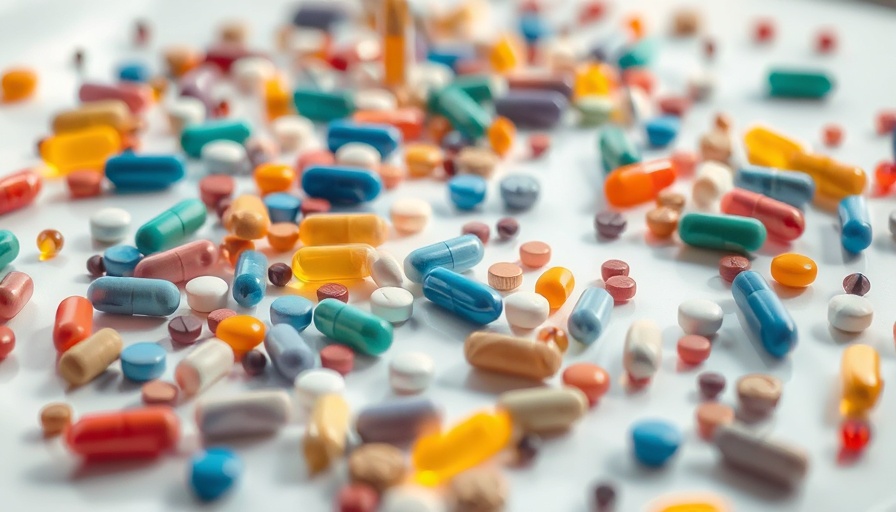 Assortment of colorful pills on a glossy surface, highly detailed.
