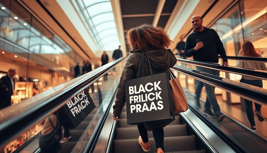 Shopper with Black Friday sale bags on escalator in mall.