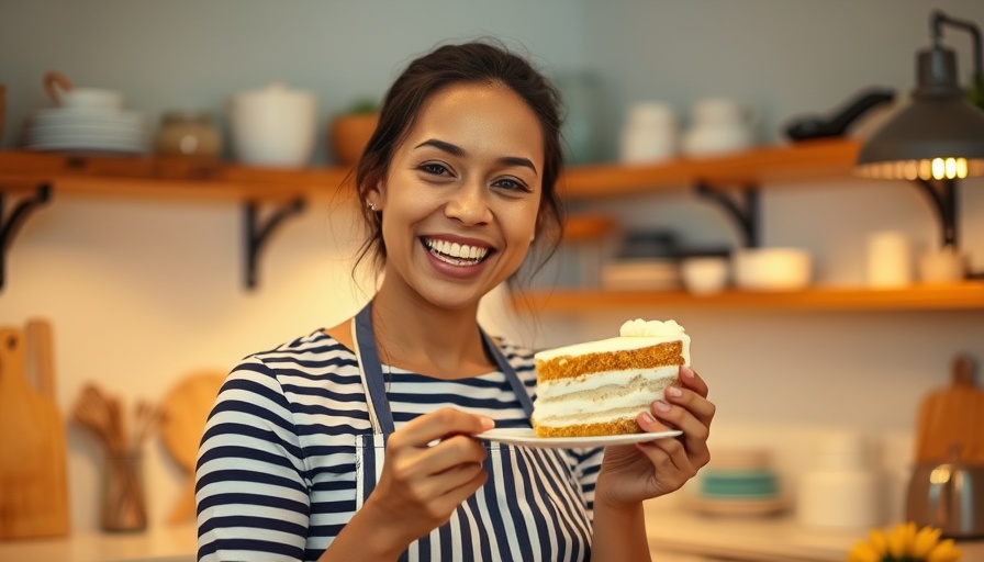 Woman in apron starting a cake business, holding cake slice