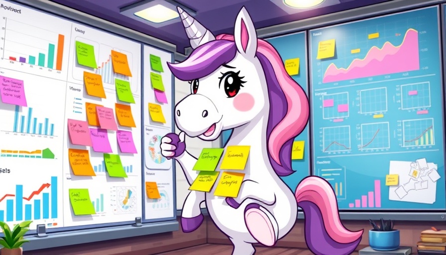 Cartoon unicorn organizing sticky notes on digital board, AI tools for Project Management.