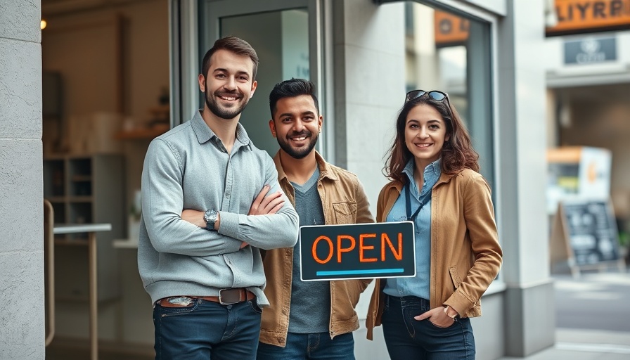 Impact of Small Business: cheerful owners standing by open sign.