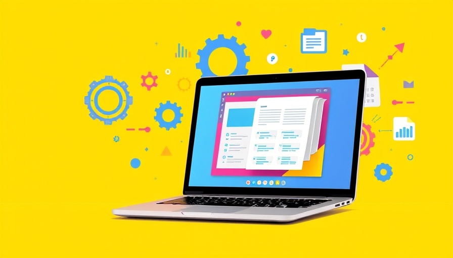 Colorful illustration of laptop with digital templates, vibrant tech theme.