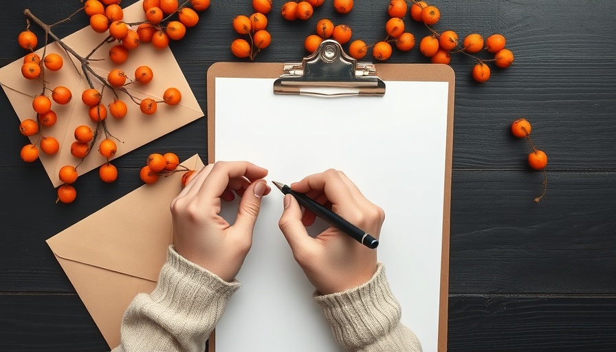 Hand crafting business apology letter in artistic autumn-themed setting