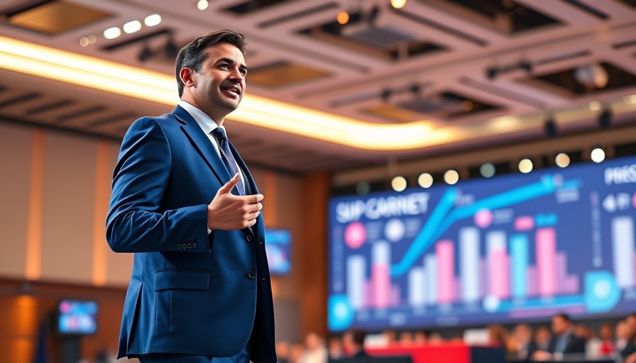 Agentic AI in Marketing: Man in a suit speaking on stage confidently.