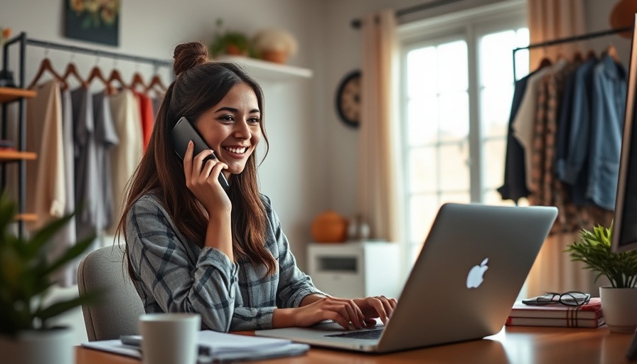 Young woman showcasing Shopify dropshipping benefits in home office.
