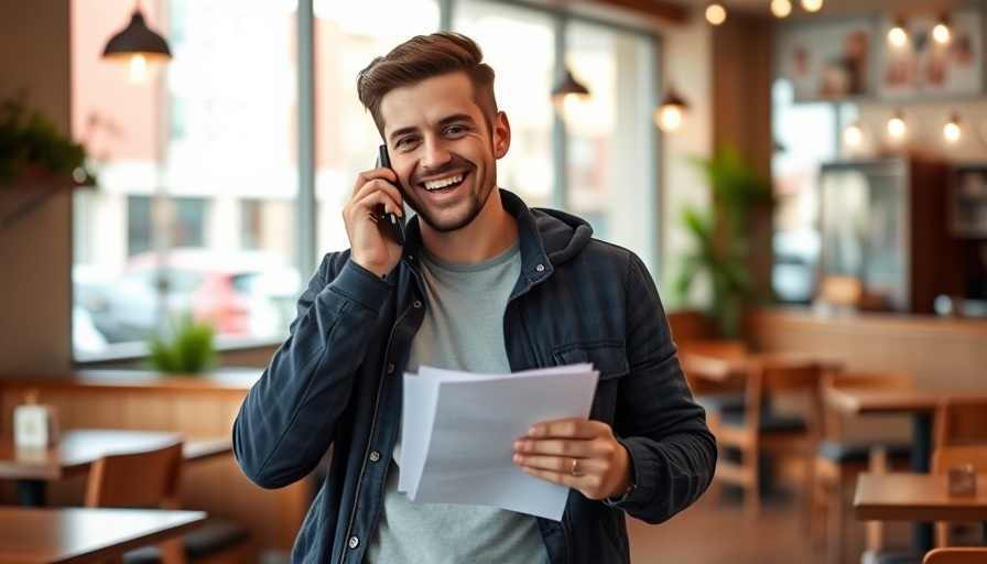 Cheerful young man starting a small business in Mexico, talking on the phone in a cafe.