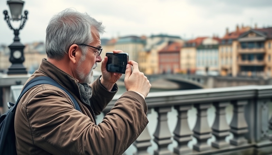 Middle-aged man takes scenic smartphone photo, Adzooma Social Media Survey Insights.