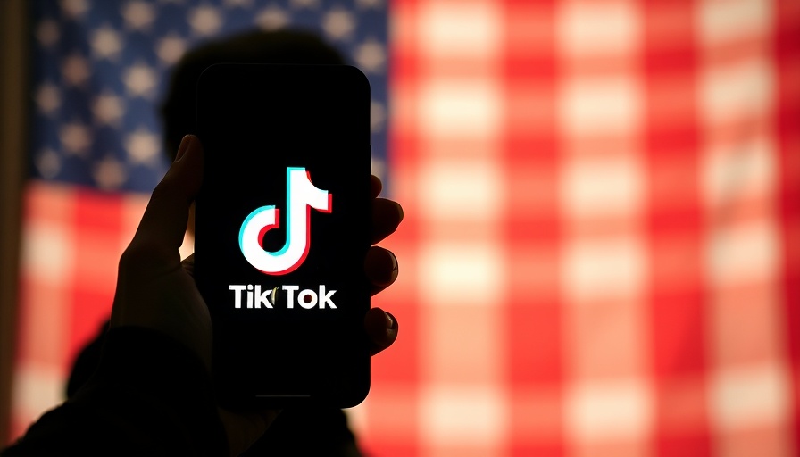 Smartphone with TikTok logo in front of blurred figure and flag.