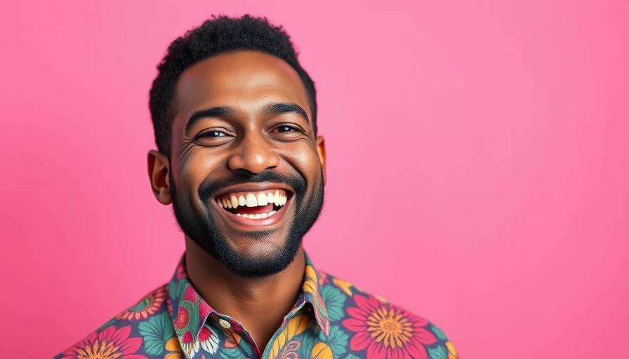 Cheerful man smiling in vibrant shirt, pink background.