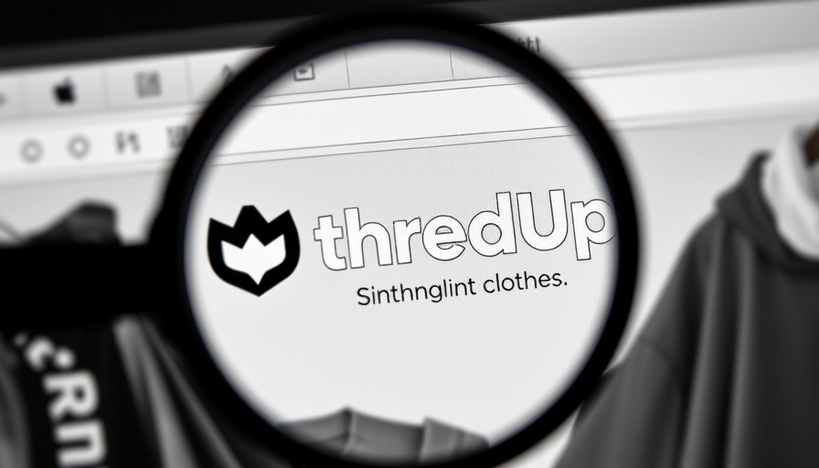 Close-up of ThredUp homepage, emphasizing logo with magnifying glass, resale market trends.