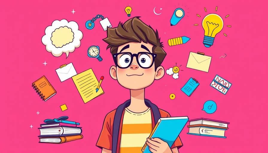 Cartoon person brainstorming with notebooks and lightbulb ideas, vibrant style.