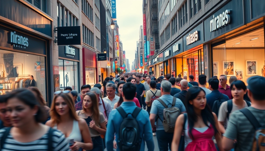 Retail store sale scene with bustling street crowd.