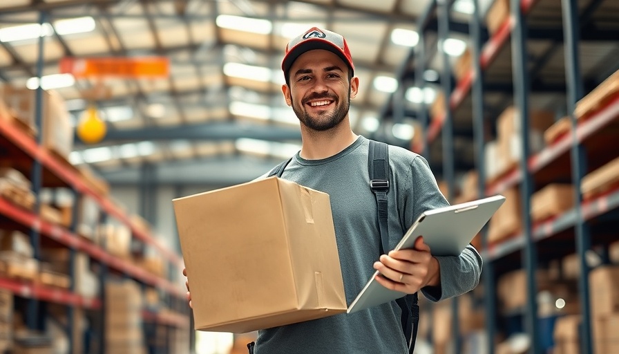 Smiling delivery man with package in modern warehouse reflecting faster delivery demands.