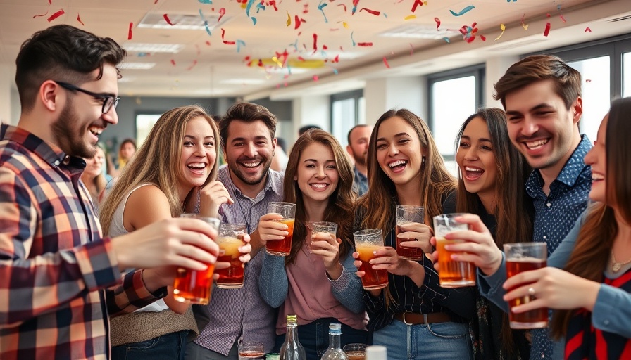 Lively office party celebration with drinks and confetti.