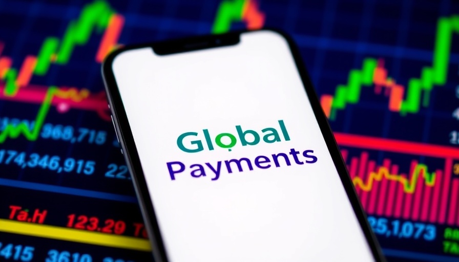 Global Payments logo on phone with financial graphics background.