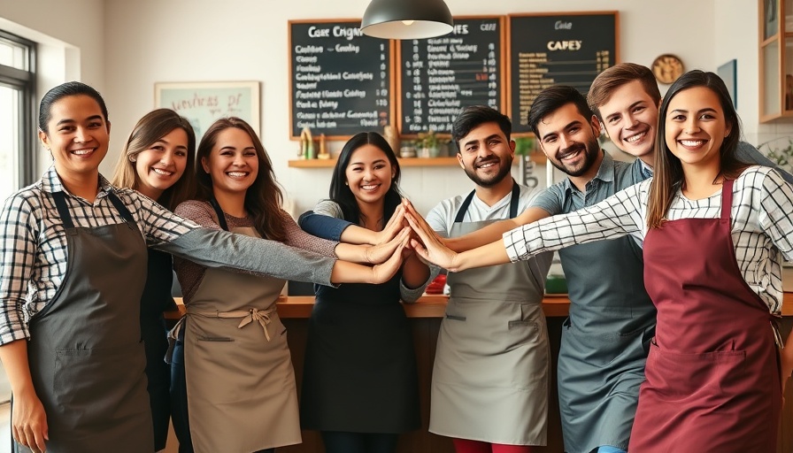 Cheerful café staff uniting for Small Business Week Celebrations.