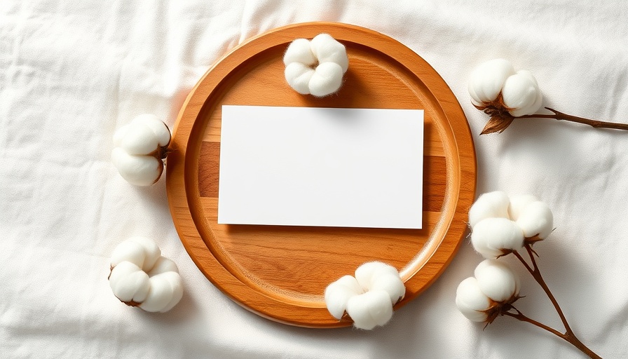 Minimalist business card on wooden tray with cotton.