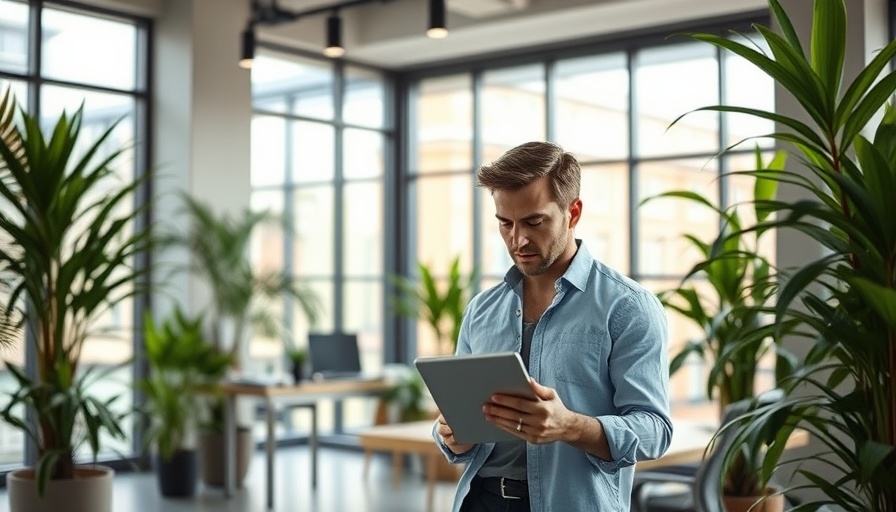 Young professional in a modern office using a tablet for Hootsuite Ads.