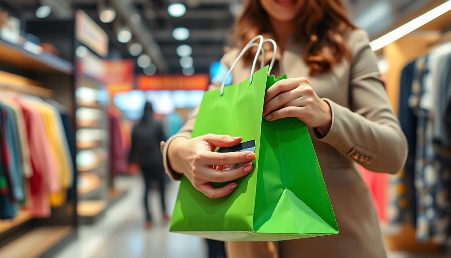 Consumer shopping with credit card and gift bag in retail store setting.