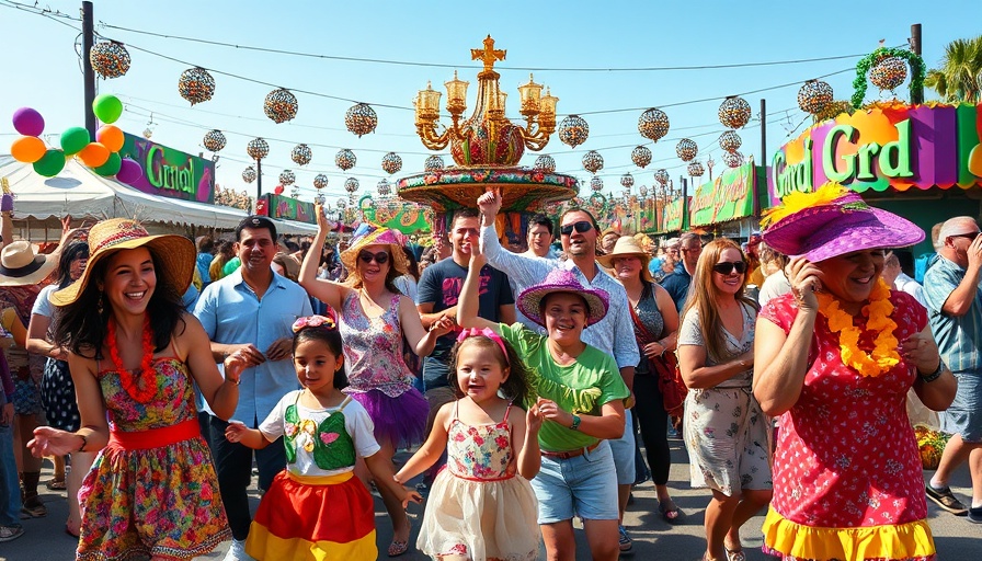 Lively Mardi Gras events in the Triangle with dancing families.