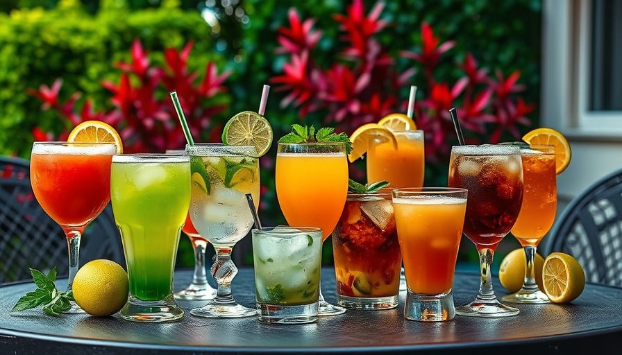 Colorful booze-free beverages on a patio table with vibrant foliage.