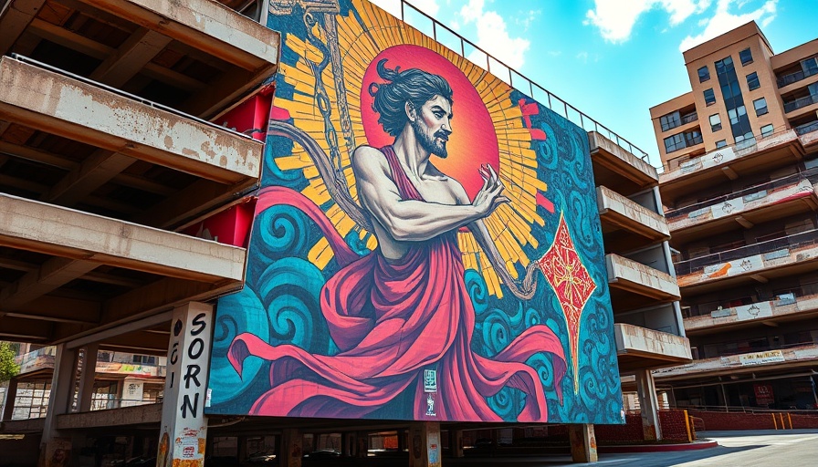Chapel Hill public art mural on parking structure featuring a classical figure.