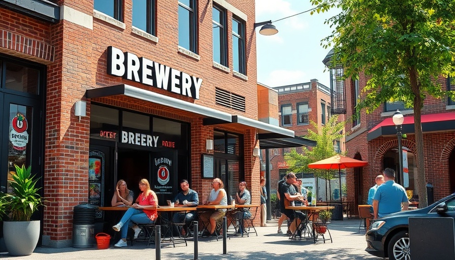 Visitors enjoying a sunny day outside a modern brewery in the Triangle area.