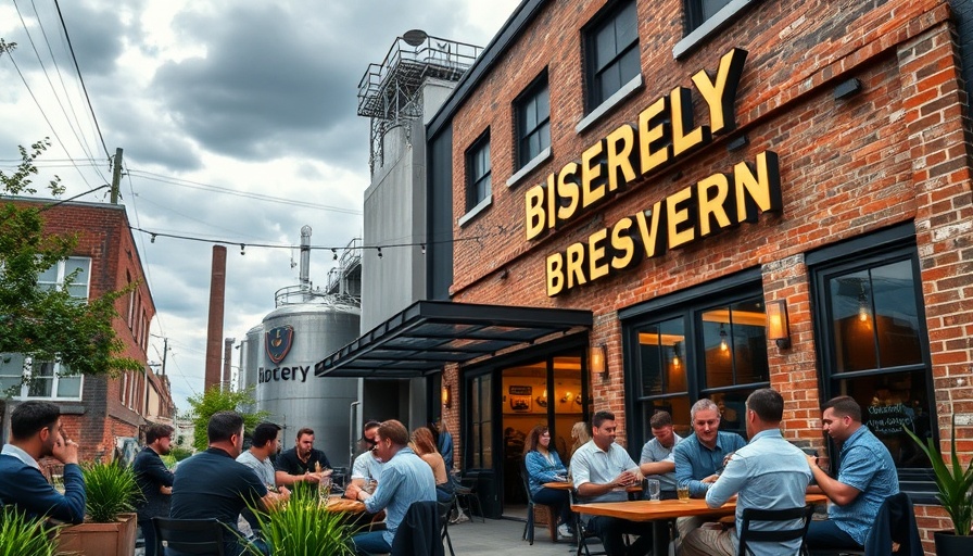 Local events at urban brewery with outdoor seating.