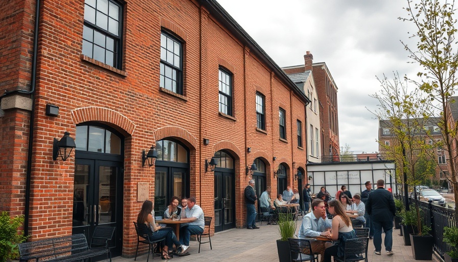 Brick building with people socializing, local events setting.
