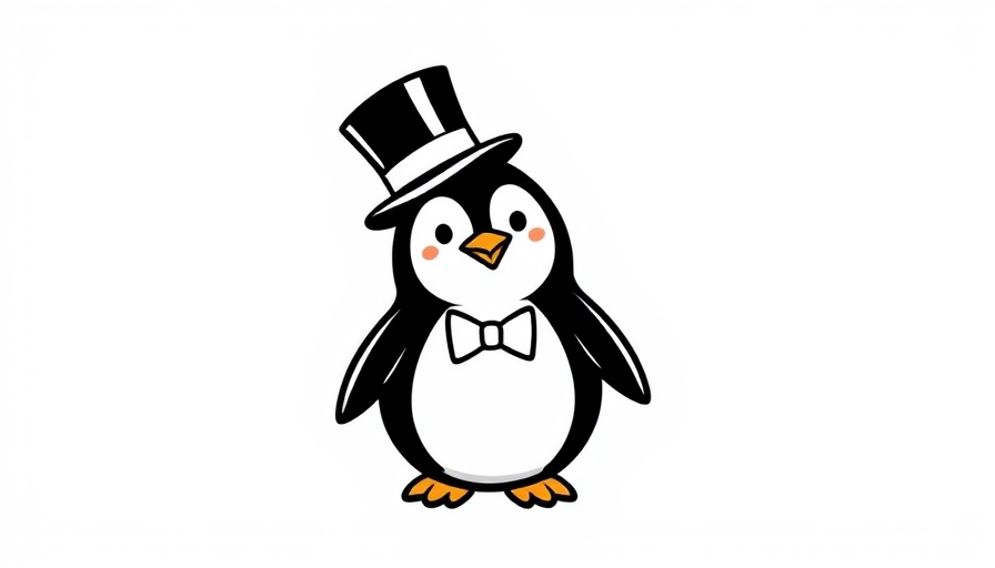 Stylized penguin in a top hat for local events.