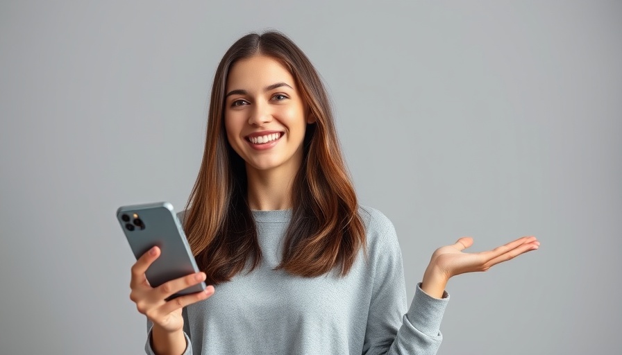 Smiling woman pointing while holding phone, engaging in modern style.