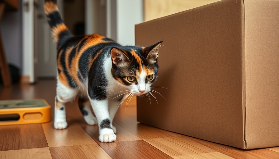 Curious cat near cardboard box related to pet medications delivery.