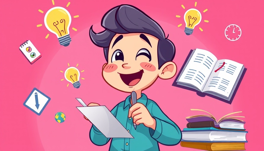 Cartoon character using brain dump apps for project management, vibrant pink background.