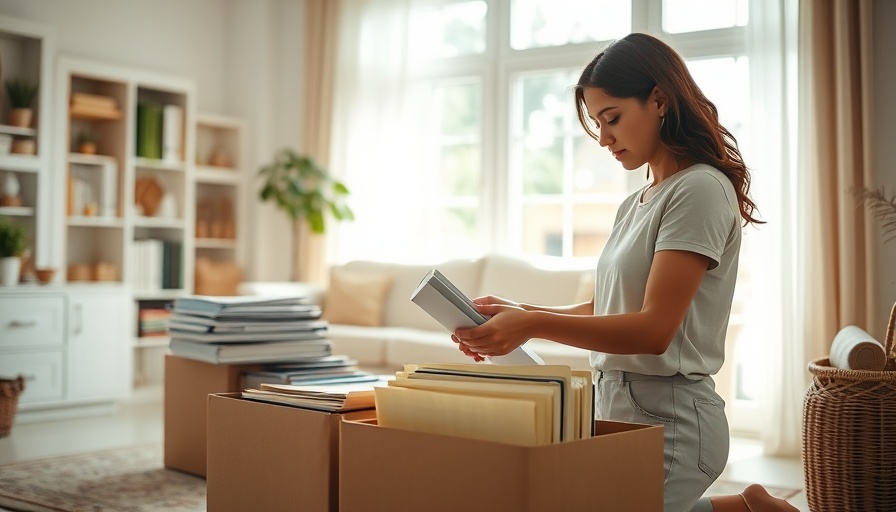 A woman packing during spring cleaning before moving, in a sunlit room.
