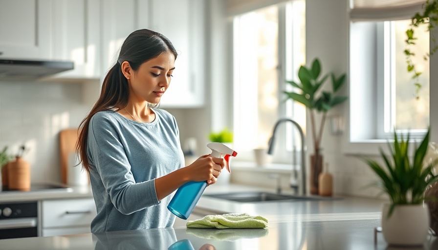 Focused young woman cleaning your kitchen before moving, wiping countertop.