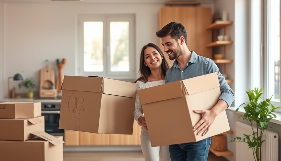 Young couple unpacking in new apartment kitchen, first-time renter tips.